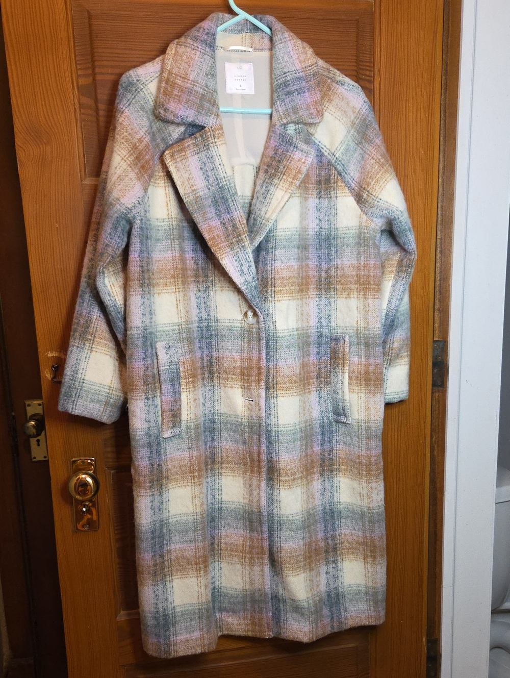 LC Lauren Conrad Cream Plaid Long Pea Coat with Pastel Accents